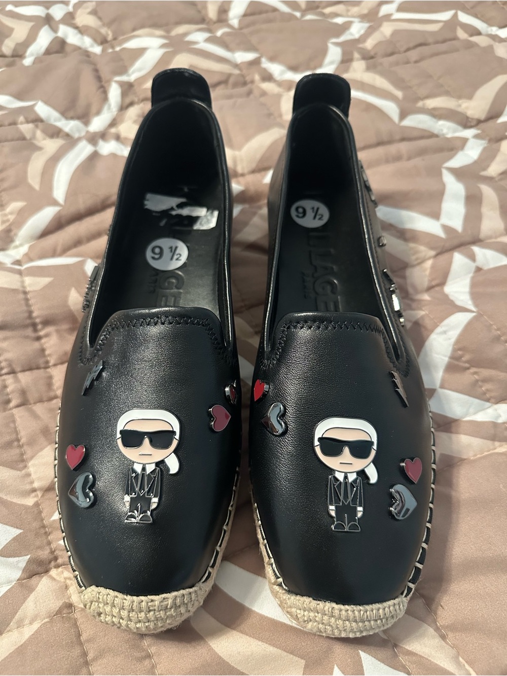 Karl Lagerfeld Black Espadrille Slip-Ons with Character and Heart Accents 9.5